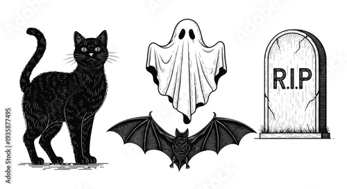 Black Cat with Glowing Eyes Flying Bat and Ghostly Figure Above a Cracked Rip Tombstone Eerie Halloween Scene