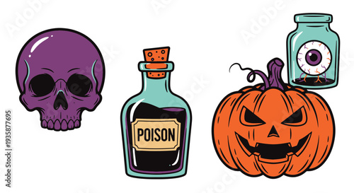 Halloween Spooky Purple Skull Poison Potion Bottle and Jack O Lantern with Eyeball Jar