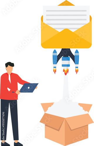Businessman launching email marketing rocket speed fast delivery digital communication startup success rapid growth corporate strategy message sending cardboard box.