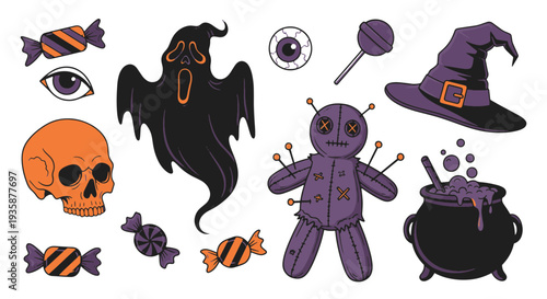 Halloween Icons and Symbols Witch Hat Skull Ghost Voodoo Doll Cauldron Candies Lollipop Eye