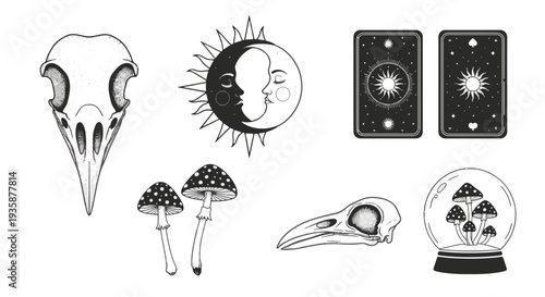Mystical Celestial Sun and Moon Faces Embracing with Witchy Symbols and Magical Mushrooms