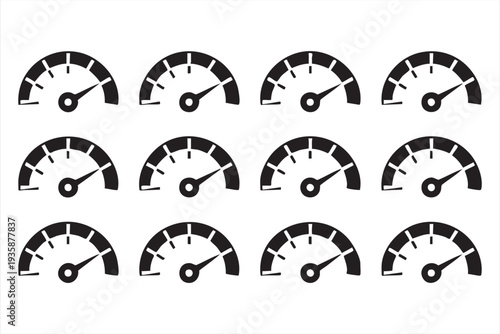 Black gauge indicator icon pack for performance control and monitoring interfaces
