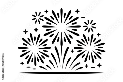 A minimalist vector graphic illustration of fireworks exploding in the night sky with sparks and stars