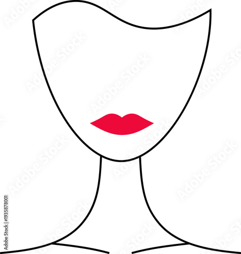 Minimal abstract female portrait in line art style with bold red lips accent. Clean modern illustration with simple black outline on neutral background, strong visual contrast.