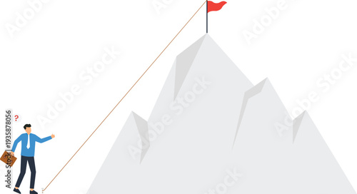 Businessman climbing mountain peak success goal difficult path strategic planning career ambition red flag summit achievement challenge obstacle professional development future growth