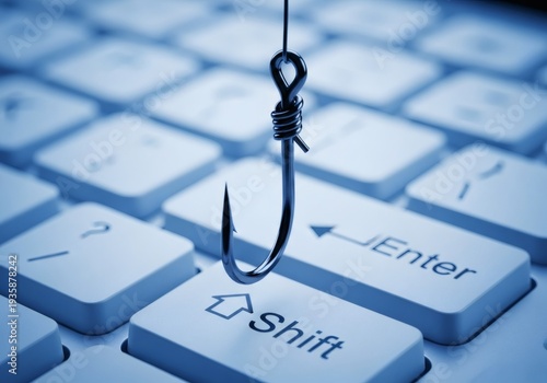 Phishing attack concept with a fishing hook dangling over a modern computer keyboard, symbolizing online fraud, cybercrime, and data security threats.