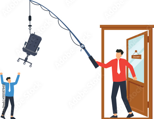 Job recruitment business metaphor showing manager fishing office chair bait attracting talent for vacant position hiring process employment opportunity career search open door flat design
