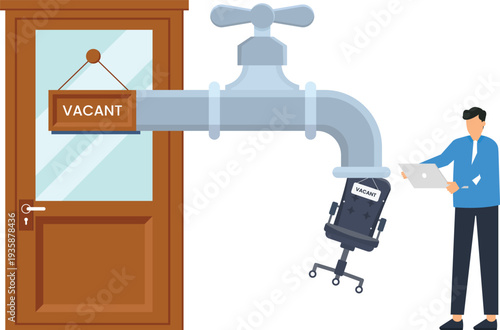 Job Vacancy Concept Recruitment process Talent shortage Hiring crisis Business metaphor Office chair Vacant sign Corporate door Faucet leakage Employment concept Human resources Flat design