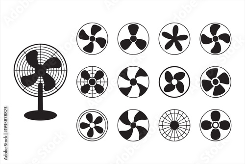 Electric fan icon set with rotating blades for cooling and ventilation concepts