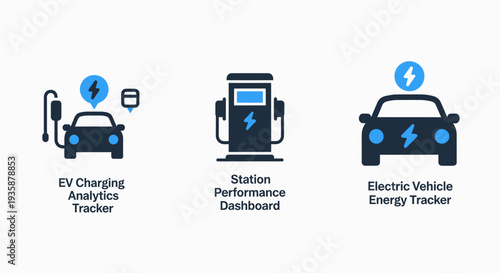 Electric Vehicle EV Charging and Performance Tracking Analytics Icons for Sustainable Transportation and Smart Energy Solutions