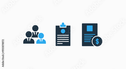 Business Team, Document, and Financial Report Icons for Corporate Collaboration, Project Management, and Accounting