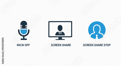 Essential Virtual Meeting Controls: Microphone Off, Screen Share, and Stop Function Icons for Online Communication and Collaboration