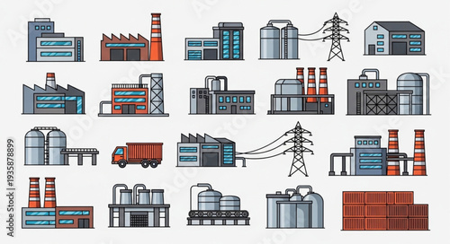 Collection of industrial factory buildings and structures.