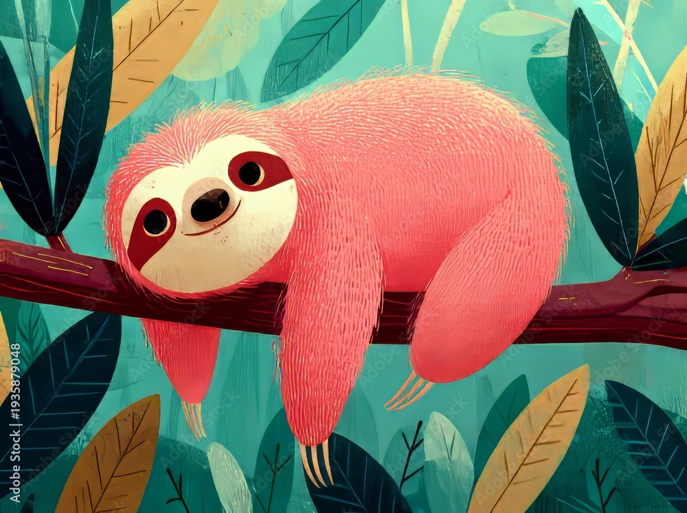 Naklejka premium A bright pink sloth hangs upside down on a branch, tongue sticking out