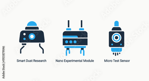 Advanced Research and Scientific Technology Icons: Smart Dust, Nano Modules, and Micro Sensors.