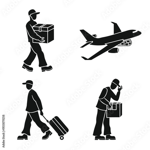 Four different ways people travel with their luggage and packages. isolated on white background, Vector