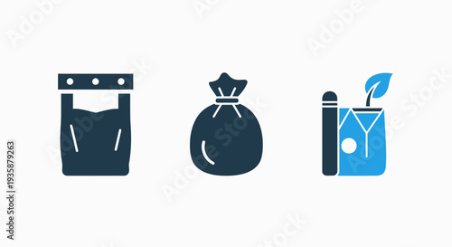 Packaging and Sustainable Product Icons: Open Bag, Tied Sack, and Eco-Friendly Plant Growth Bag for Agriculture, Retail, and Environmental Solutions.