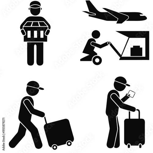 Diverse airport staff performing various tasks and services for passengers isolated on white background, Vector