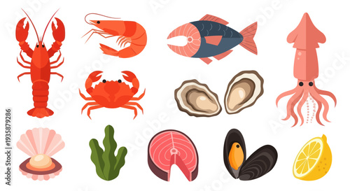 Seafood assortment lobster shrimp fish and more