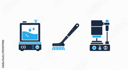 Household Appliance and Cleaning Tool Icons: Humidifier, Scrub Brush, and Coffee Maker for Home and Lifestyle Concepts