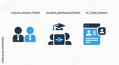 Educational Technology Icons: Lesson Stream, Student Dashboard, and AI Cube Stream for Modern Online Learning Platforms
