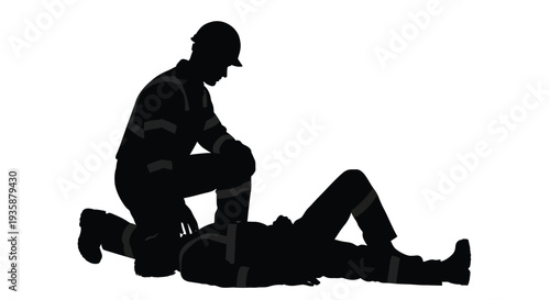 A construction worker kneels beside a fallen coworker providing aid in a stark dramatic silhouette high quality professional detailed