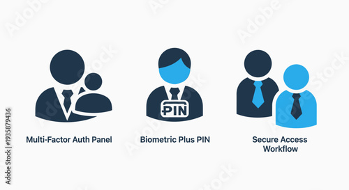 Digital Security and Authentication Icons: Multi-Factor Authentication, Biometric PIN, and Secure Access Workflow