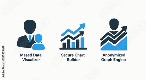 Data Visualization and Analytics Icons: Masked Data Visualizer, Secure Chart Builder, and Anonymized Graph Engine