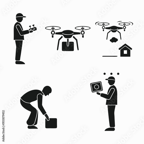 Illustration of a delivery system using drones and robots for package handling. isolated on white background, Vector