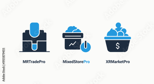 E-commerce and Digital Market Icons: Mobile Payment Terminal, Mixed Store, and Online Market with Dollar Sign Basket