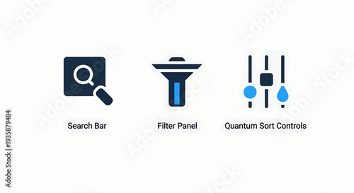 Digital Search Bar, Filter Panel, and Quantum Sort Controls User Interface Icons