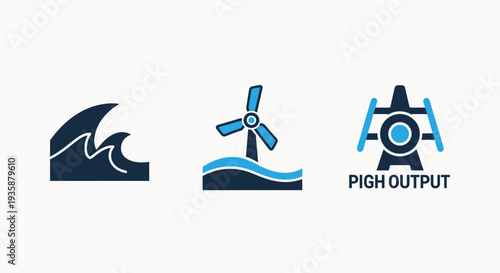 Renewable Energy and Sustainable Power Icons: Ocean Wave, Wind Turbine, and High Output Concepts for Green Technology