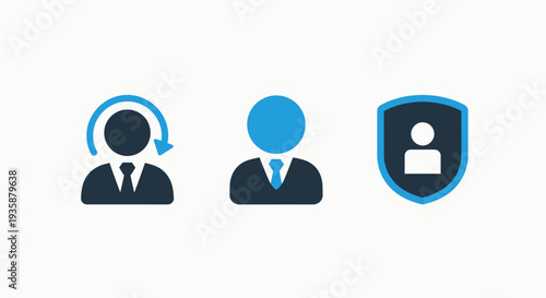 User Management and Digital Security Icons: Profile Update, Generic User, and Data Protection Shield Concepts