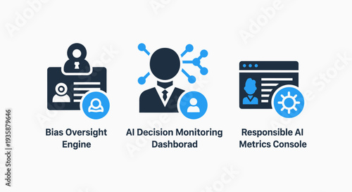 Responsible AI Vector Icons for Bias Oversight, AI Decision Monitoring Dashboard, and Ethical Metrics Console in Technology.