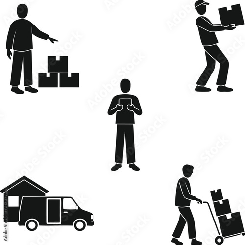 Illustration of various delivery and shopping activities involving people and vehicles isolated on white background, Vector