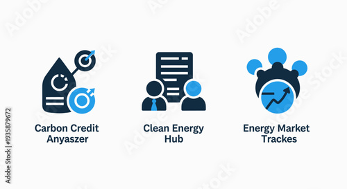Environmental Vector Icons for Carbon Credit Analysis, Clean Energy Hub, and Energy Market Tracking for Sustainability.