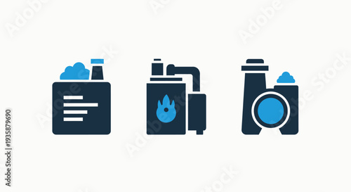 Industrial Vector Icons Representing Factory Production, Energy Generation, and Environmental Emissions or Waste Management.
