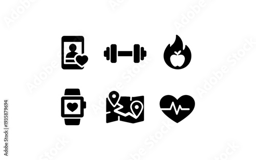 Collection of health and fitness icons including a smartwatch, dumbbell, and heart rate monitor