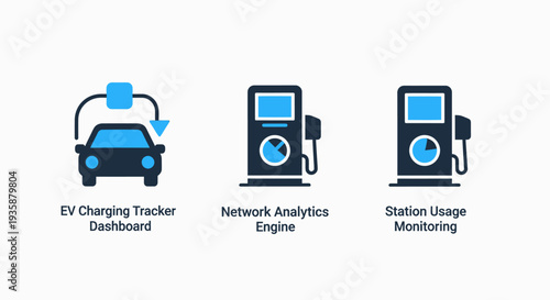 Electric Vehicle (EV) Charging Infrastructure Monitoring and Analytics Icons: Tracker Dashboard, Network Engine, and Station Usage Management