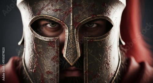 Close-up of a fierce ancient warrior wearing a battle-worn Spartan helmet with intense eyes and bloodstains, evoking courage and power from historical antiquity.
