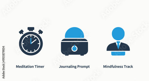 Mindfulness and Well-being Icons: Digital Timer, Journaling Prompt, and Personal Tracking for Holistic Health and Mental Peace