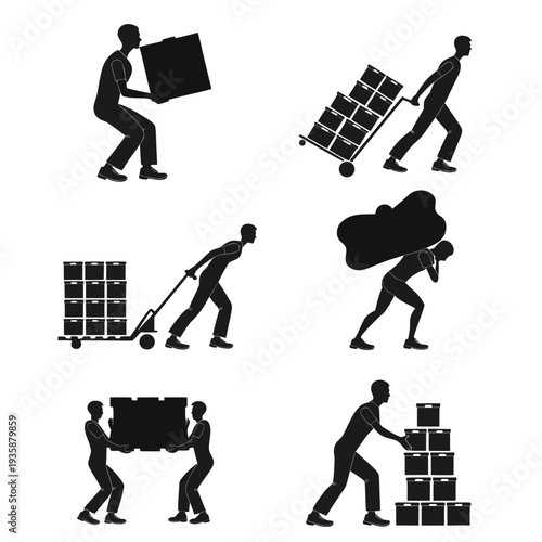 Illustrations of people performing various tasks related to moving and handling boxes. isolated on white background, Vector