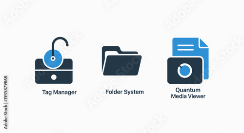 Digital Asset Management and File Organization Icons: Tag Manager, Folder Systems, and Media Viewer for Content Archives