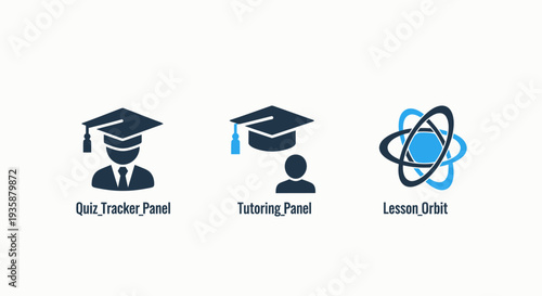 Academic Education and Science Learning Icons: Quiz Tracking, Tutoring Services, and Atomic Model for Knowledge Development