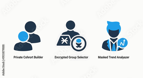 Data Privacy and Secure User Group Analytics Icons: Encrypted Cohort Building and Masked Trend Analysis for Confidential Information