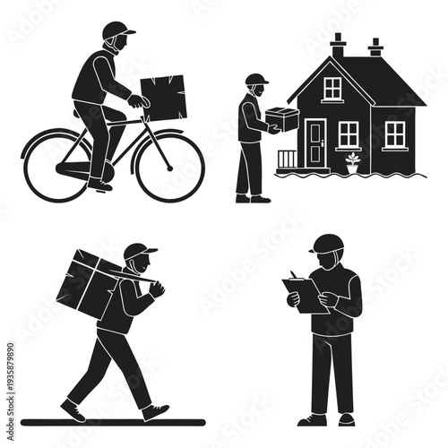 Illustration of a mail carrier delivering packages to a house isolated on white background, Vector