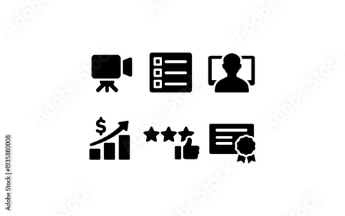 Collection of business and success icons including video, checklist, user, growth, rating, and certificate