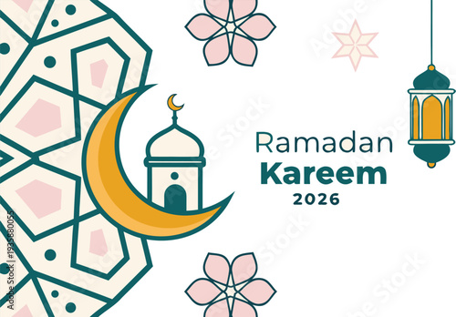 Generative AI elegant Ramadan Kareem greeting with golden lantern and mosque