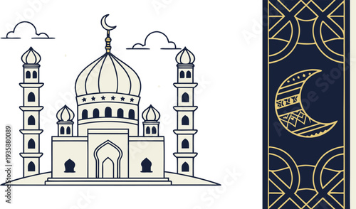 Generative AI Islamic mosque and crescent moon banner with decorative border