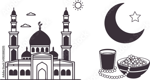 Generative AI Islamic Ramadan Iftar set with mosque, dates and prayer beads
